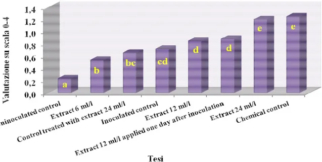 Fig. 2.2.1.21: Evaluation of S. guaianensis extract efficiency in control of B. cinerea on young tomato plants