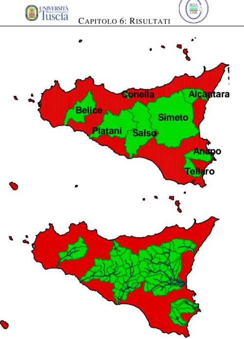 Figura  46:  Zona  2.  Bacini  CCM  e  bacini  simulati  dal  modello  SWAT  con  rispettivi  sottobacini e reticoli idrografici