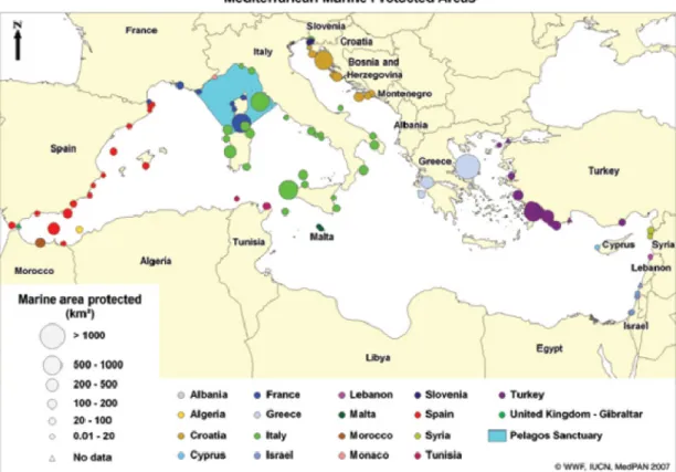 Figura 1 – Distribuzione delle Aree Marine Protette mediterranee. L’area relativa ad ogni riserva 