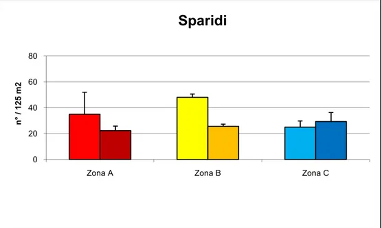 Figura 21 – Grafico del numero di Sparidi nelle zone a differente grado di tutela (Zona  A, Zona B, Zona C) alle due differenti batimetrie (a sx quella dei 5 metri e a dx quella  dei 10 metri).  Figura 22 – Grafico del numero di labridi nelle zone a differ
