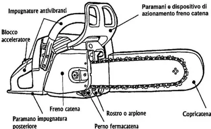 Figura 2: componenti principali di una motosega a scoppio   (Disegno: Baldini S. et al., 2004) 