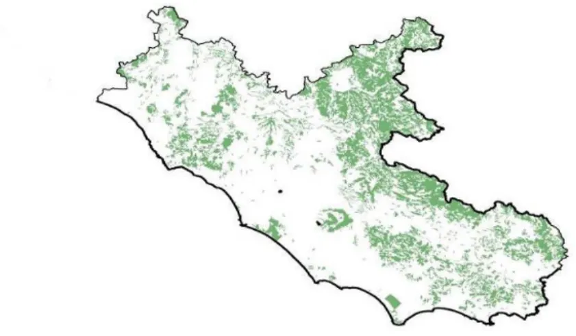 Figura 4: localizzazione delle superfici boscate nel Lazio   (Corine Land Cover) 