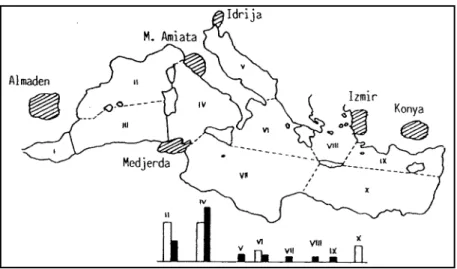 Fig. 4-2: Posizione delle anomalie mercurifere nel bacino mediterraneo con le rispettive aree di accumulo (da  Bernhard &amp; Brondi, 1986)