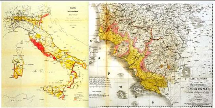 Figura 3. A sinistra, la mappa della diffusione della malaria in Italia realizzata dal senatore Luigi Torelli nel 1882 (in 
