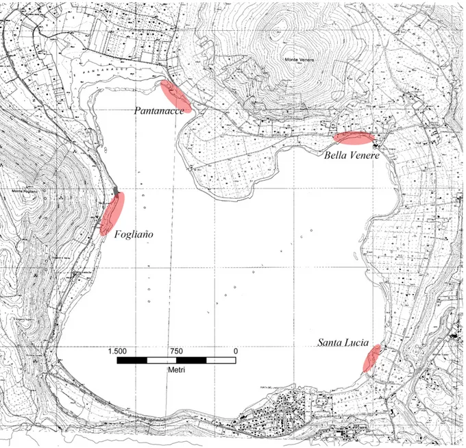 Fig. 2.1 : Carta del lago di Vico e disposizione delle stazioni di monitoraggio. 