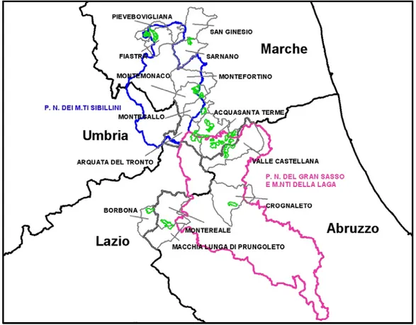 Figura 11: Territorio del Parco Nazionale del Gran Sasso e Monti della Laga (area  delimitata in viola) e del Parco Nazionale dei Monti Sibillini (area delimitata in  azzurro)