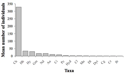 Figure 3.4 – Mean number of individuals per taxa. Distribution has a right skewed tail indicating 