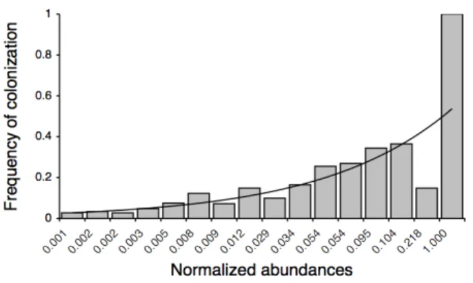Figure 3-6 – Distribution of the frequencies of colonization and abundances of sampled taxa