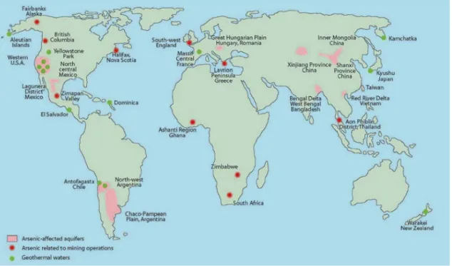 Figura 1.2: Mappa di distribuzione dei principali siti interessati alla  contaminazione da arsenico, con indicazione della tipologia di 