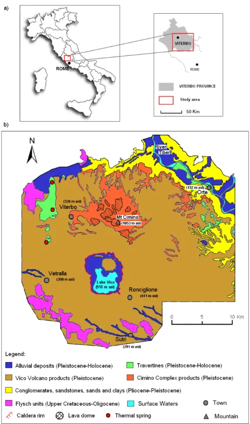 Figura 5.1: Inquadramento geografico (a) e geologia superficiale  dell’area Cimino-Vicana (b)