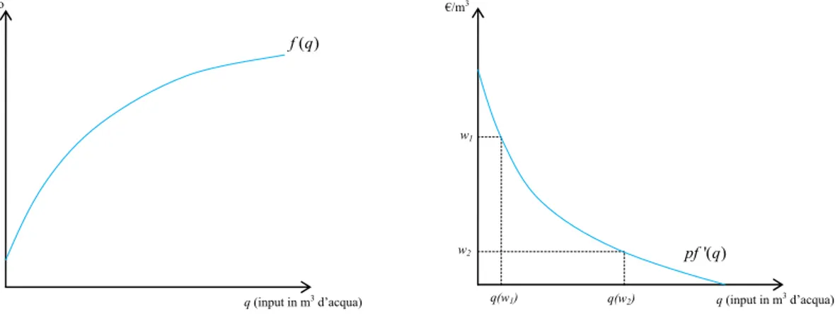Figura 4.3. Funzione di produzione dell'acqua (a) e domanda derivata dell'acqua irrigua (b)