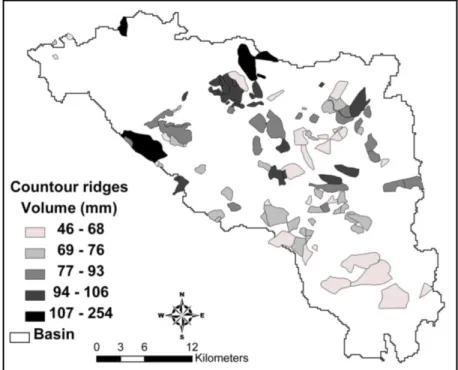Figure 3.22 Spatial repartition of water storage capacity (mm) of the contour ridges in the  Merguellil catchment 