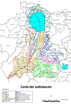 Fig.  3.6: Reticolo idrografico e sotto-bacini del Marta. 