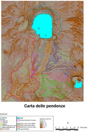 Fig.  3.8: Carta delle pendenze (in blu è delimitato la Riserva N. di Tuscania). 