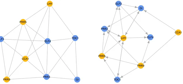 Figure 5.8: Contemporaneous (left) and dynamic (right) networks corresponding to the estimates