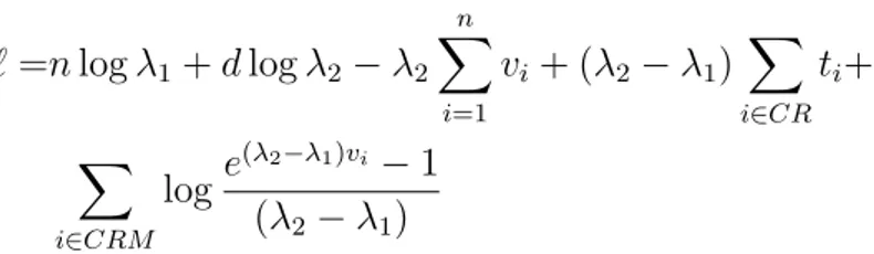 Table 4.1: MLE and std for exponential-exponential combination. From the maximum likelihood estimates it is possible to compute the  statis-tic of interest