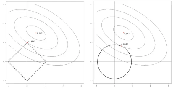 Figure 2.1. In this plot we can see how lasso and ridge work and their difference. Respect to the OLS estimator these methods shrink to 0 the parameters