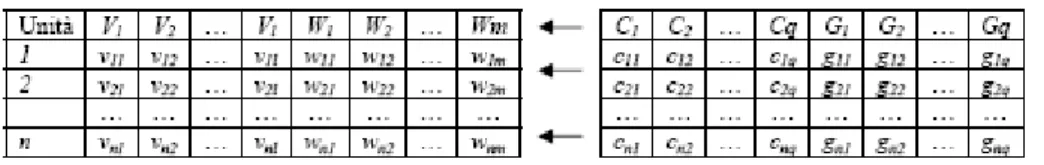 Figura 10. – Tabelle generiche per analisi della correlazione canonica  (Progetto  AdaMSoft, 2007) 