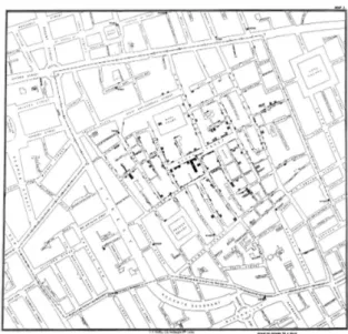 Figura 3.1: Distribuzione dei casi di colera accertati nel 1854 nel quartiere di Soho a Londra