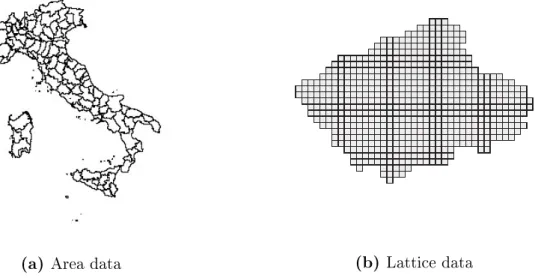 Figura 3.2: Esempio di area e lattice data, rispettivamente le province italiani e la Svizzera (Blangiardo e Cameletti, 2015)