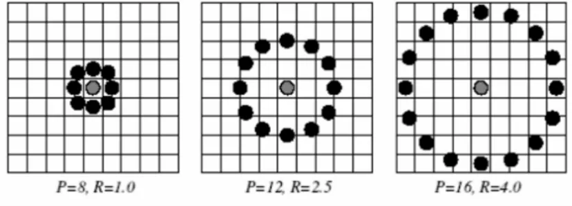 Figura 2.2: Esempi di vicini circolari di diverso raggio (R) e numerosità (P). Il valore dei punti che cadono all'interno di più pixel viene interpolato.