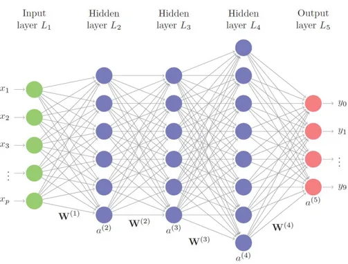 Figura 3.3: Diagramma di una rete neurale con tre strati nascosti e output multipli (Efron e Hastie, 2016).