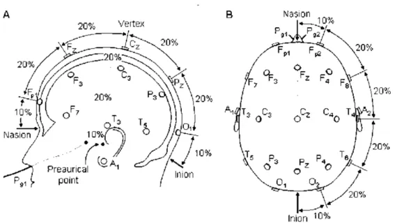 Figura 1.2: Sistema 10/20. Nel pannello A visione di lato della posizione degli elettrodi, nel pannello B visione dall’alto della stessa