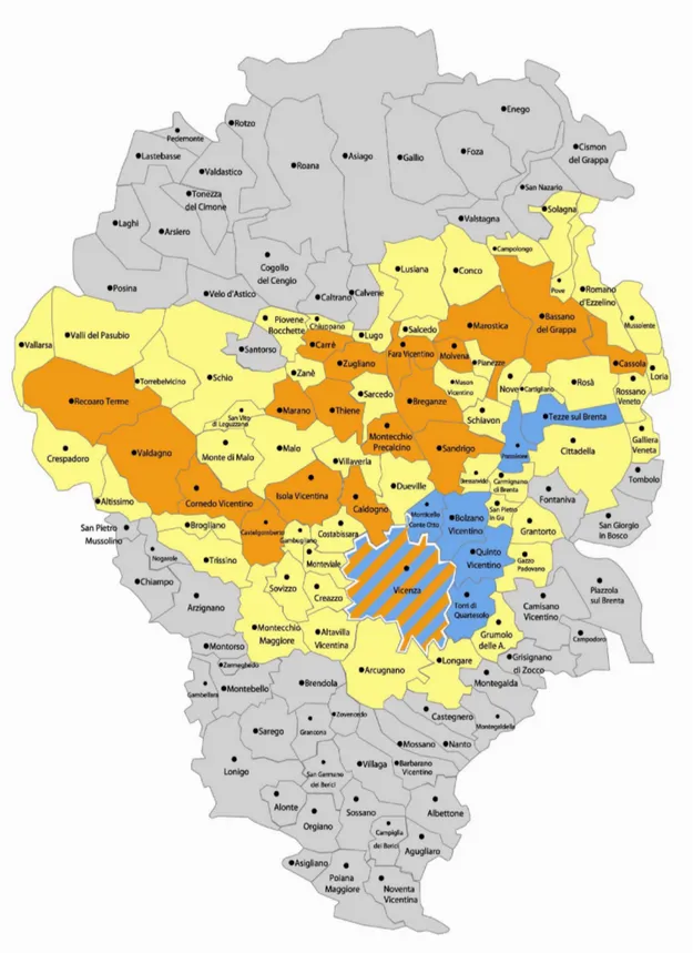 Figura 1: in giallo i comuni di competenza, in arancione le filiali Banca San  Giorgio Quinto Valle Agno e in azzurro le filiali ex BCC Quinto Vicentino ora  Banca San Giorgio Quinto Valle Agno