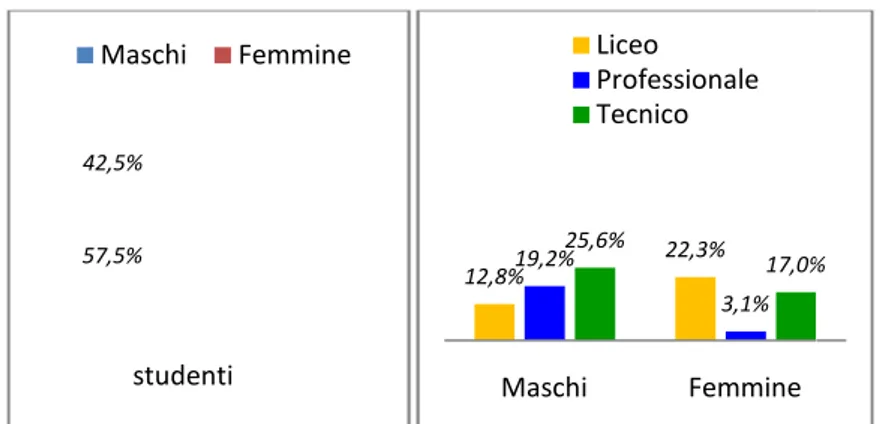 Figura 1. Grafici a barre relativi alla distribuzione del campione per sesso e per tipo di istituto.