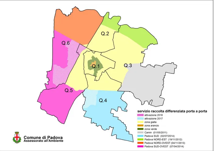 Figura 1.1. Suddivisione del Comune di Padova in base alla modalità di raccolta differenziata