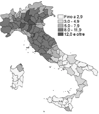 Fig. 3. Stranieri residenti al 1° gennaio 2010 per 100 residenti. 