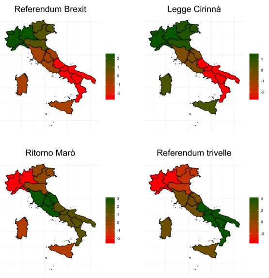 Figura 2.7: Numero di tweet per tema al variare della zona geografica