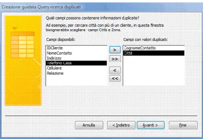 Figura 5.25 Creazione guidata Query ricerca duplicati (Secondo passaggio). Campi selezionati per la  ricerca duplicati: CognomeContatto e Città