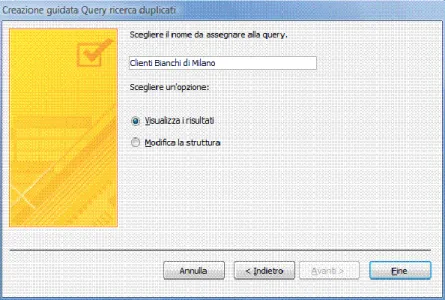 Figura 5.27 Creazione guidata Query ricerca duplicati (Quarto passaggio). Scelta del nome per la query