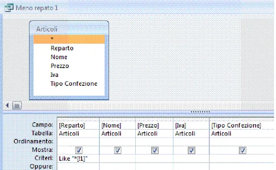 Figura 5.36 Creazione Query con l’utilizzo del jolly  [ ] ! La query restituisce tutti i record che nel campo 