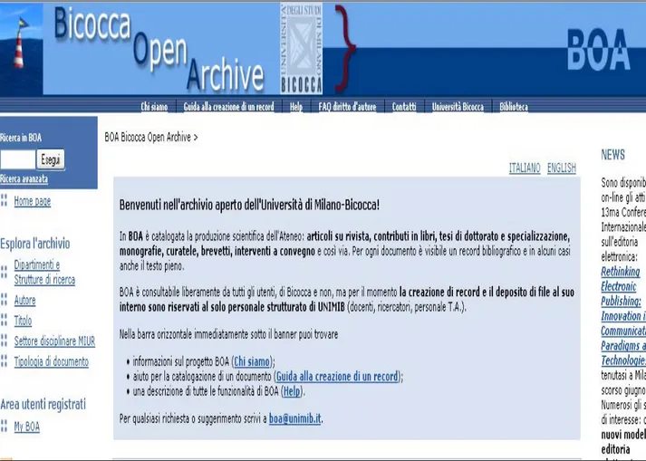 Fig. 1 – Home page di BOA: Bicocca Open Archive, Università degli Studi di Milano-Bicocca 