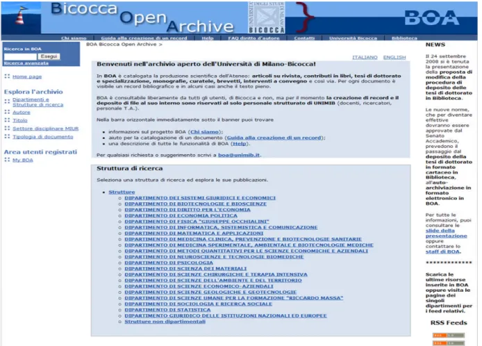 Fig. 1 – La home page del Bicocca Open Archive ( http://www.boa.unimib.it ) 