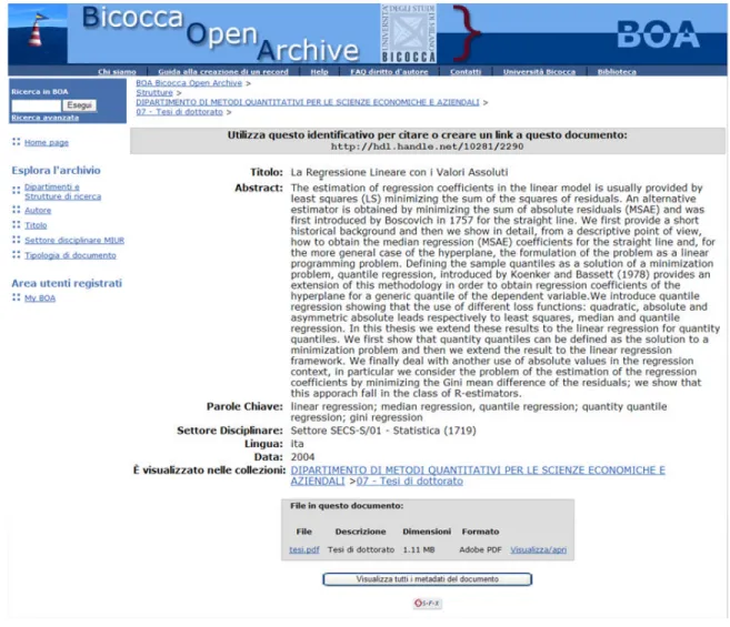 Fig. 5 – Esempio di una tesi di dottorato completa di full-text già depositata in BOA 