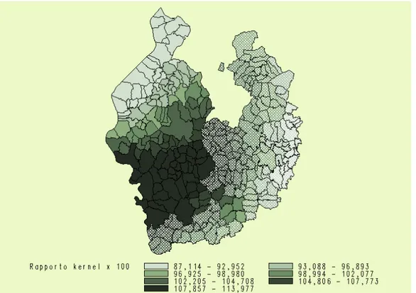 Figura 1  –  Prevalenza ospedaliera di pazienti affetti da disturbi neurotici (età 45-64) negli anni 1998-99:  mappa della stima del rapporto Kernel per comune