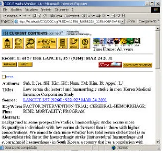 Fig. 3 - Una schermata del servizio CCC su server CILEA con il link al full-text e a WoS