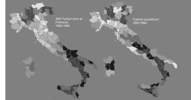 Fig. 1 - Mortalità maschile per Tumori ai Polmoni e per Tumori nella rimanenti sedi, nelle province italiane nel periodo 1982-1994
