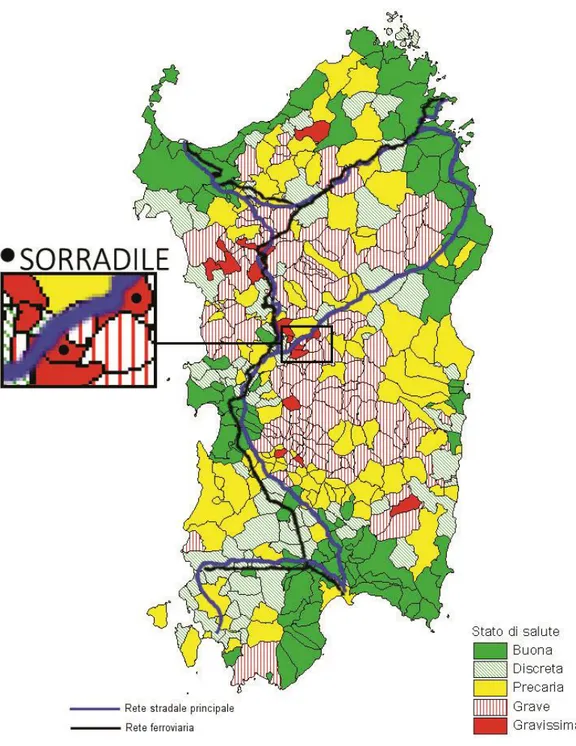 Figura  9  -  Comuni  della  regione  Sardegna  secondo  lo  Stato  di  Malessere  Demografico  (SMD)  (Fonte: Regione  Autonoma della Sardegna, 2013) 
