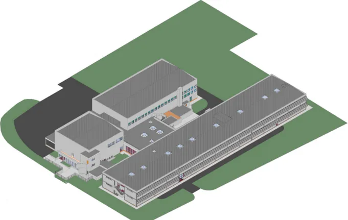 Figure 5 Axonometric view of the school Building. In the view is possible to notice the structure divided in three  separate blocks: the classroom is the longer one, then there are the gym and the canteen/auditorium