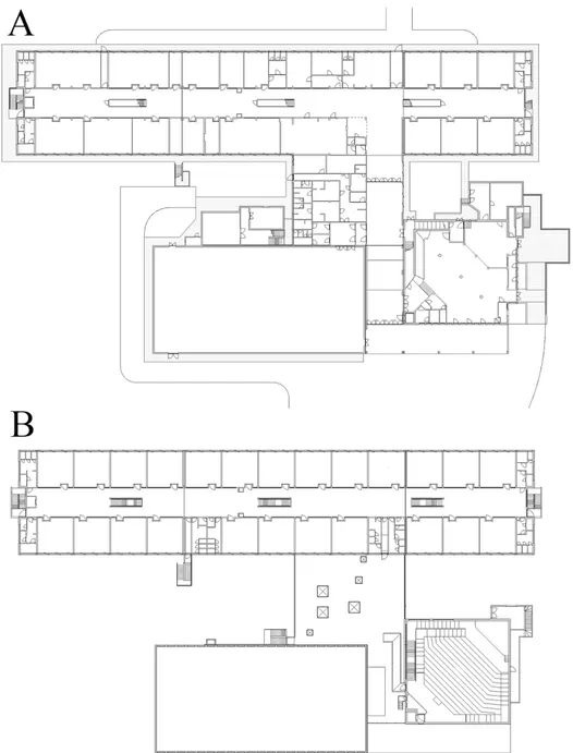 Figure 6 Ground floor (A) and first floor (B) plan of the school building. On the ground floor of the main block of  the school there are only laboratories and administrative offices