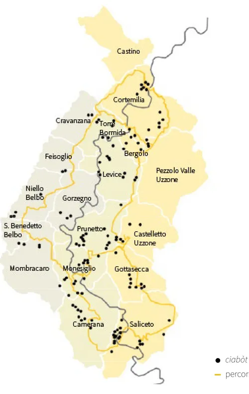 Fig. 13.  Mappa del censimento dei ciabòt esistenti lungo il percorso della Grande Traversata delle Langhe, oggetto di  tesi di Laurea Magistrale &#34;Guida al recupero dei ciabòt  in Alta Langa&#34;