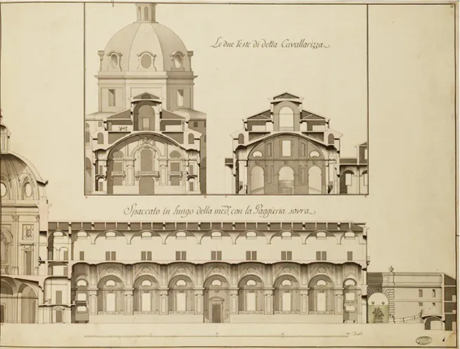 Fig. 4.1 B. Alfieri, Le due  teste di detta Cavallarizza  / Spaccato in Lungo della  med.a, con la Paggieria  sovra, 1740.