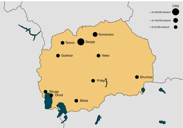 fig. 37 Distribuzione delle città con una popolazione maggiore di 50.000 abitanti in Macedonia