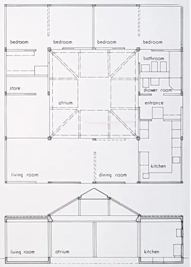 Fig. 9: Plan and section of the original Water Lily House; scale 1:200