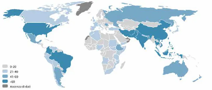 Figura 9 – Eventi alluvionali nel periodo 1970-2011. Fonte: EM-DAT, The International Disaster Database