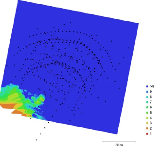 Diagramma di overlapping: Analizzando lo schema si riscontra un’ottima percentuale di  ricoprimento, andando a scemare nell’area a sud-ovest, dovuta alla mancanza di immagini per  ottenere una sufficiente sovrapposizione (mancanza che si ripercuote in tutt